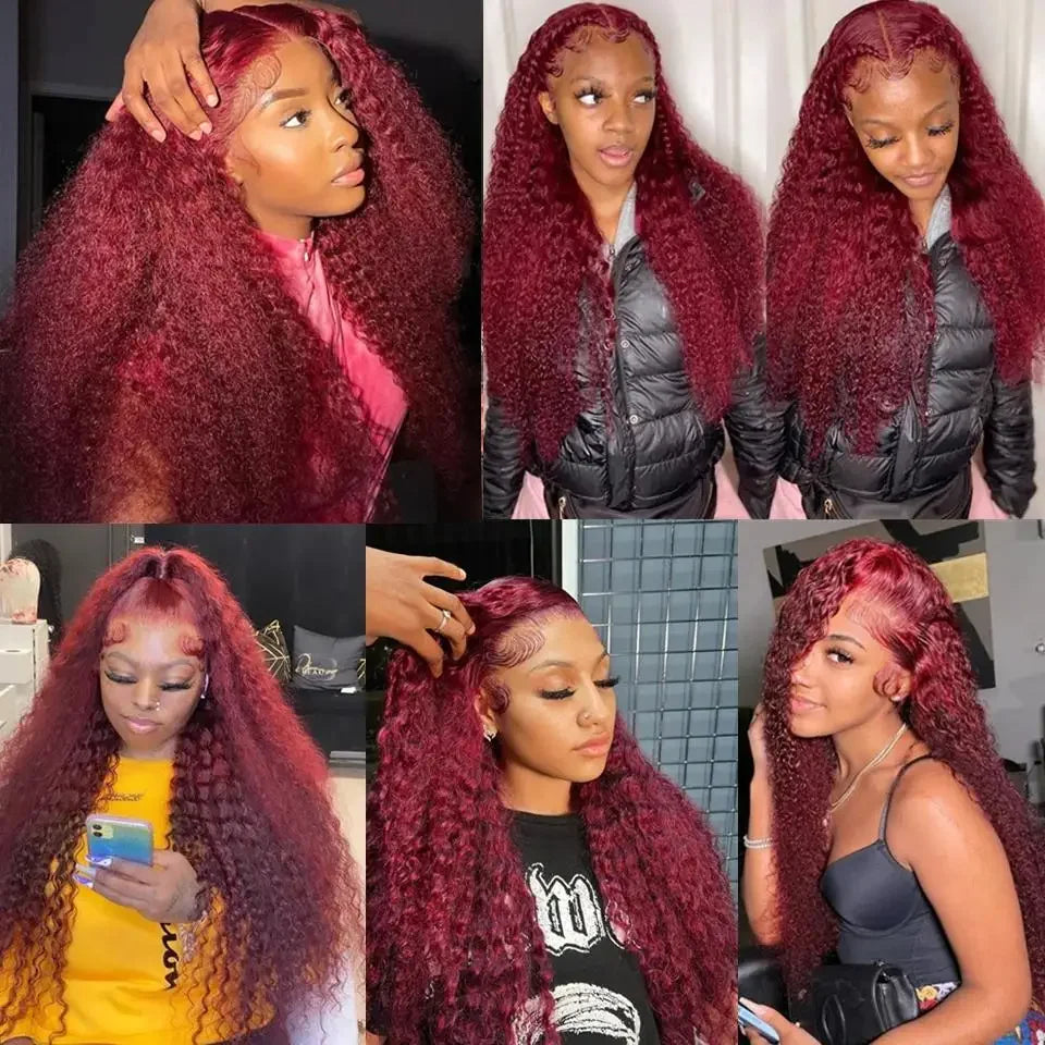 Burgundy 13x6 Hd Lace Front Human Hair Wig Curly Wig Red Wigs 40 Inch Transparent Lace Deep Wave Frontal Wig 99j 200 Density