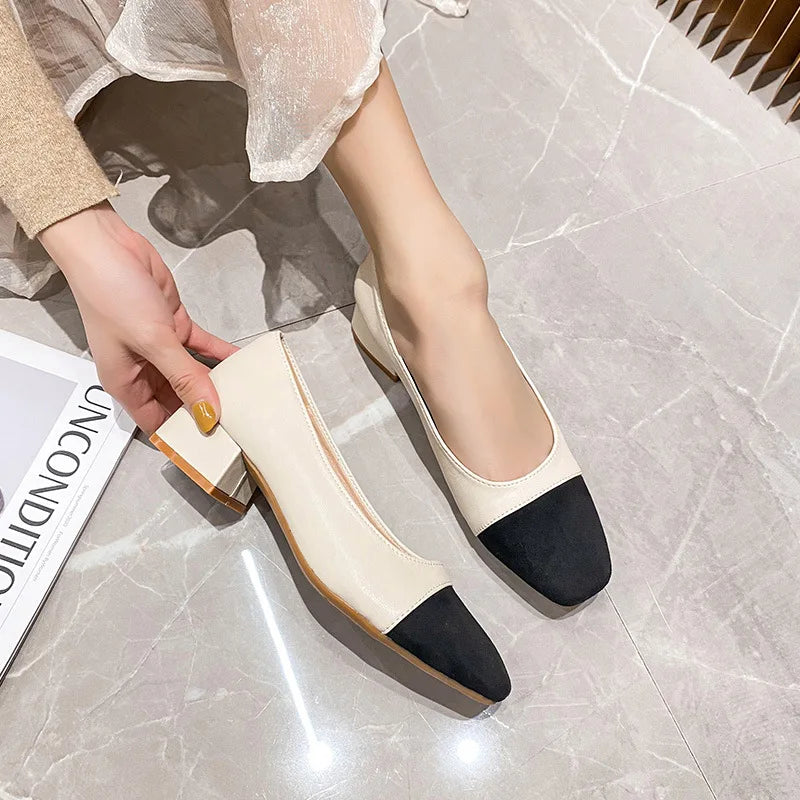 Woman Elegant Square Toe 3cm High High Heels Cute Beige Shallow Mouth Heel Female Shoes Barefoot Color Blocking Birken Shoes