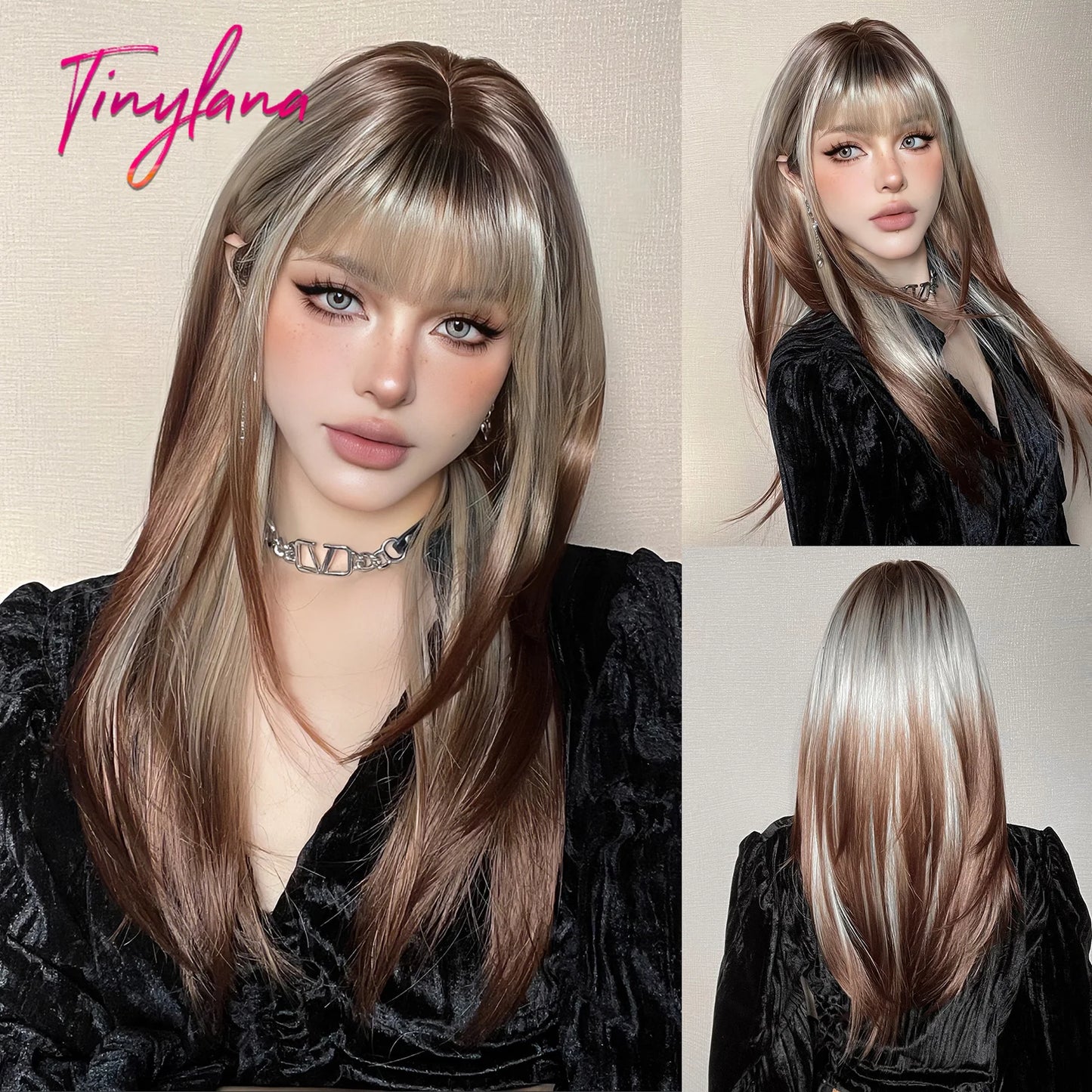 Dark Brown Black Synthetic Wigs Long Straight Layered Wig with Bangs Cosplay Party for Women Afro Natural Heat Resistant Hair
