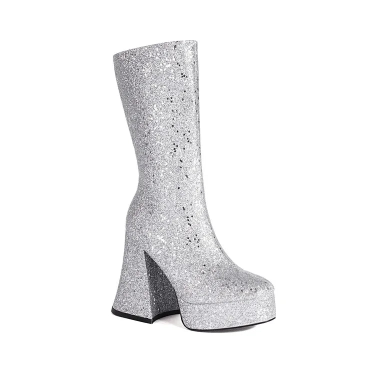 Ochanmeb Women Gold Sequins Boots Platforms Super High Chunky Heels Pink Mid-Calf Boots Gothic Zipper Woman Silver Glitter Shoes