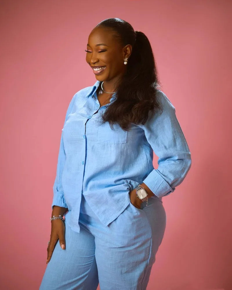 African Style Women 2 Piece Casual Outfits Blue Button Shirt & Wide Leg Pants Set Elegant Daily Streetwear Loose Loungewear