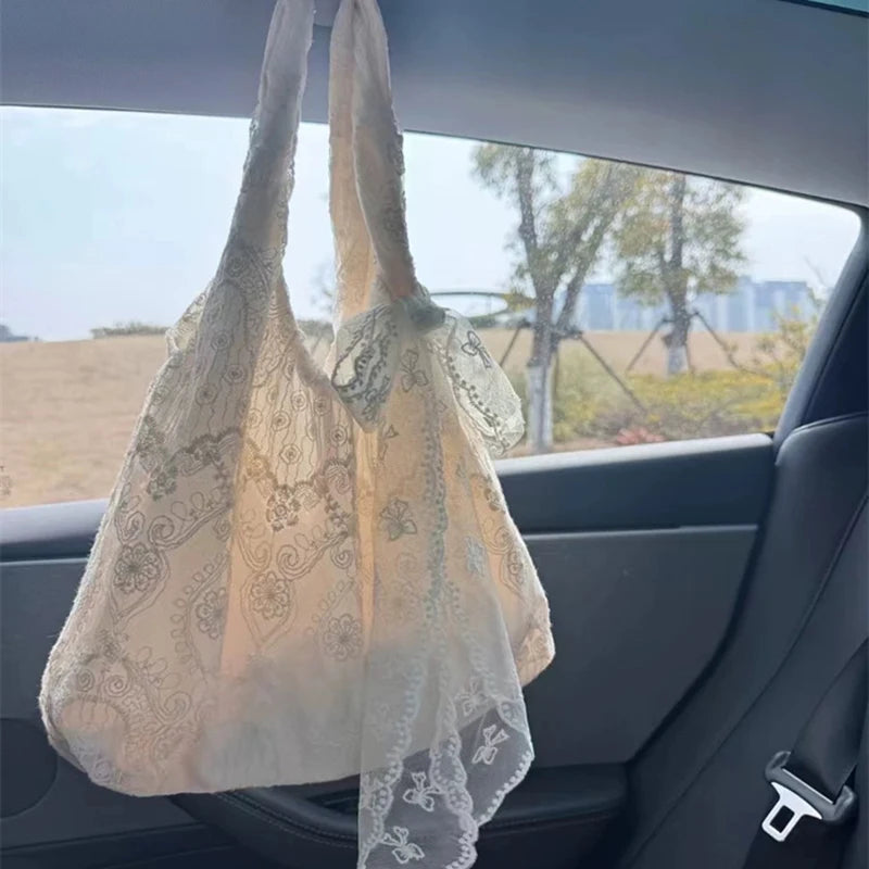 Korean Style Fresh Lace Flower Canvas Tote Bag Women's Large Capacity Single Shoulder Commuter Armpit Bag College Style