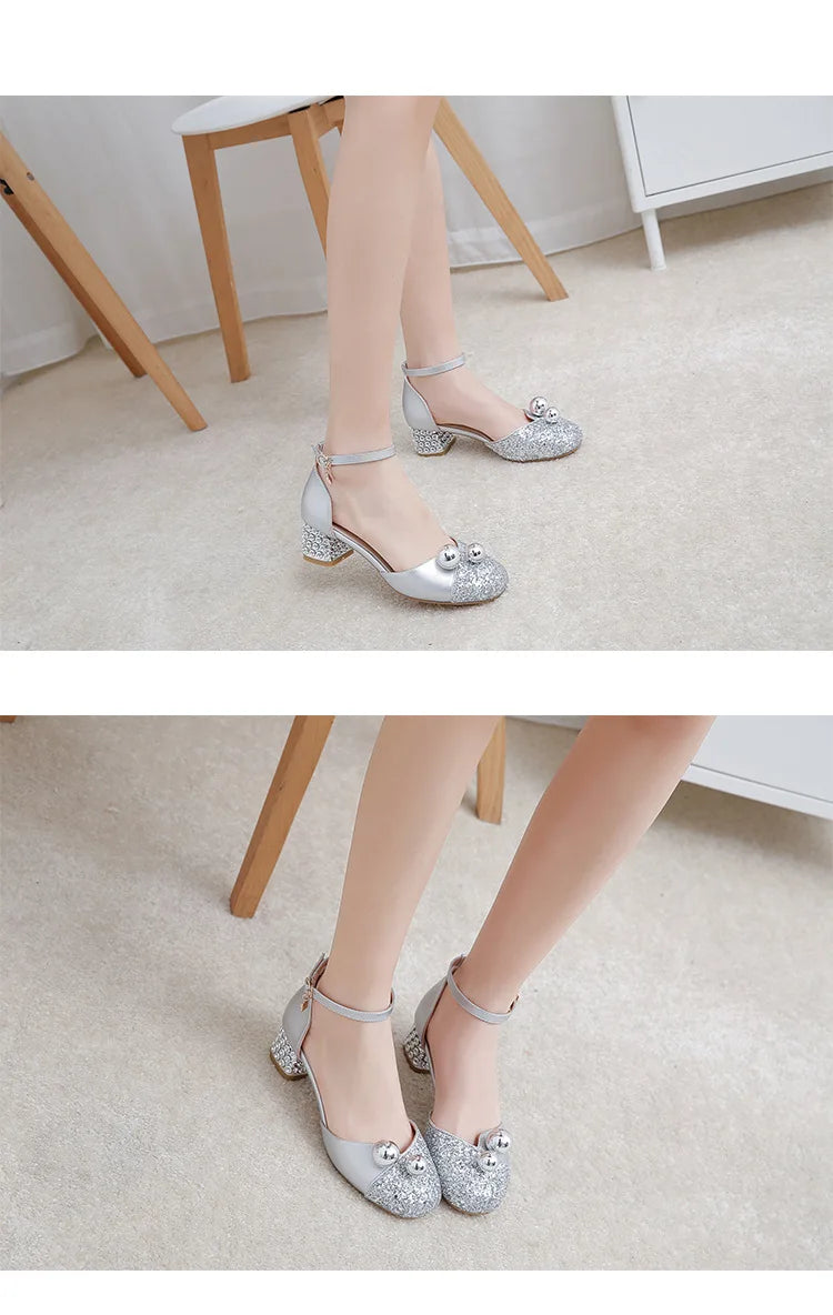 Princess Kids Leather Shoes Girls Sandal Sweet Pearl Casual Glitter Children High Heels Girls Party Dance Shoes Pink Gold Silver
