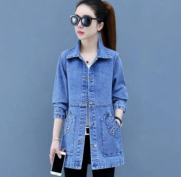 Plain Female Jeans Coats Korean Women's Denim Jackets Long Trench Designer in Promotion 2025 Trend Deals Chic and Elegant New