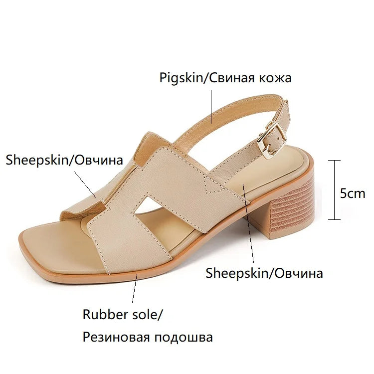 2025 Summer Women Shoes Square Toe Chunky Heel Women Sandals High Heels Ladies Shoes Casual Leather Shoes Women Genuine Leather