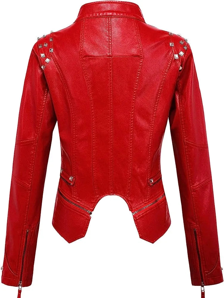 2025 Spring Women PU Leather Jacket With Suit Collar And Rivet Waist