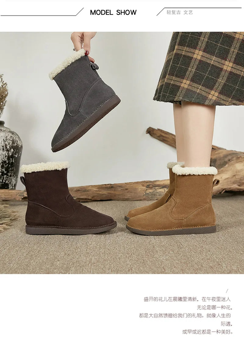 Careaymade-Genuine cow leather Snow cotton round head flats woolen short boots plush warm snow boots Oversized shoes size 35-43