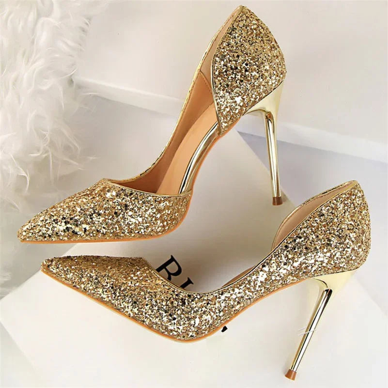 Plus Size 34-43 Women 9.5cm High Heels Stripper  Bling Glod Red Silver Scarpins Pumps Lady Stiletto Wedding Bridal Fetish Shoes