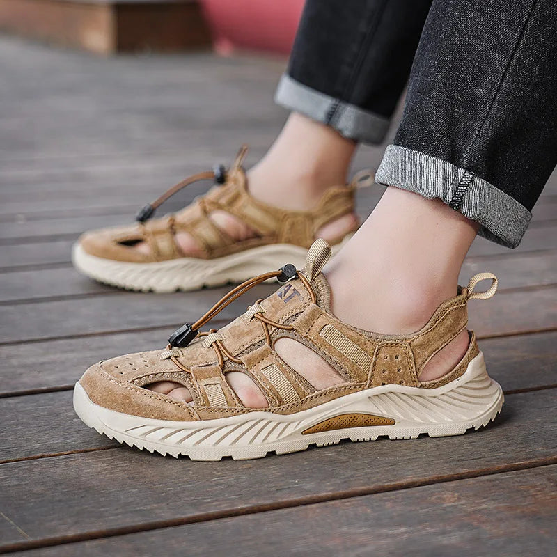 Men's Closed Toe Hiking Sandals Summer Suede Leather Non-Slip Soft Thick Sole Adjustable Drawstring Breathable Casual Beach Shoe