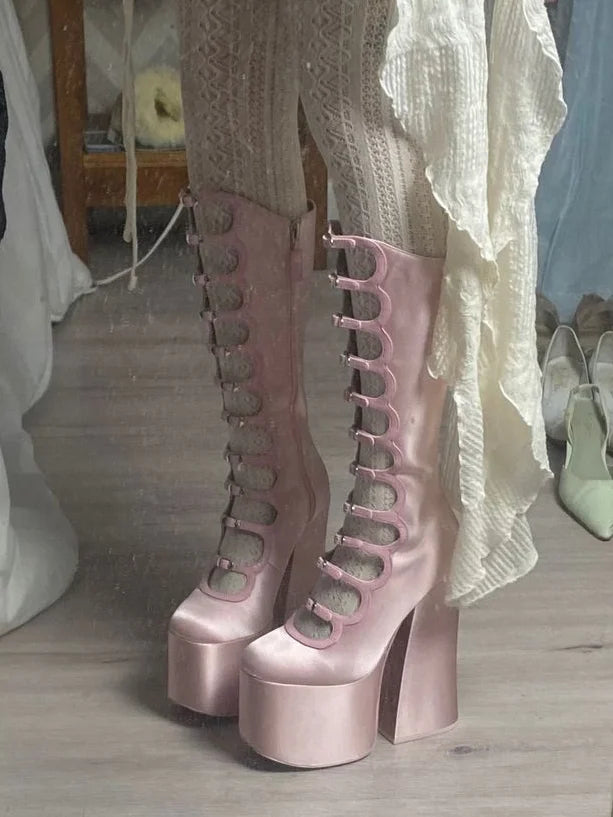 Patent Leather Belt Buckle Sexy Boots Platform Party Zip Summer Fashion Women Lolita Boot Hollow Street Punk Thick High Heels