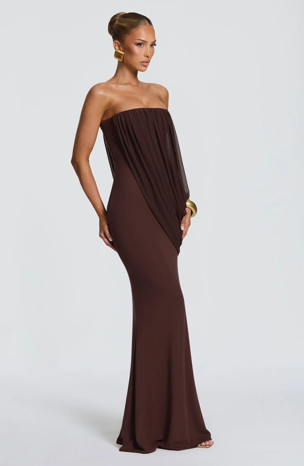 Resort Strapless Draped Mermaid Maxi Dress Cascading Diagonal Draped Bodycon Floor-length Robe Fashion Editorial Shooting Robes