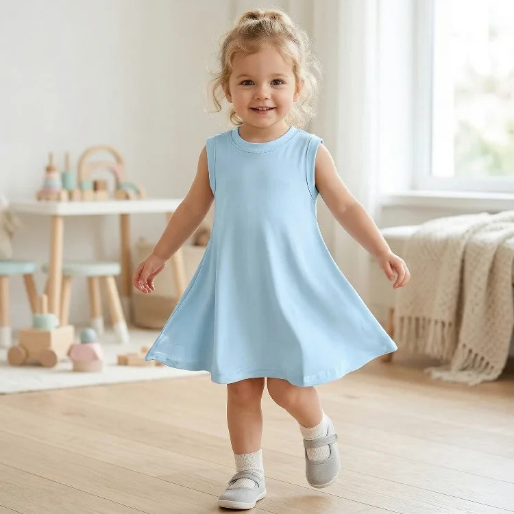 Summer Children Casual Dress Fashion Sky Blue Girls O Neck T Shirt Dresses Kids Outdoor Beach Clothes New Style Sleeveless Dres