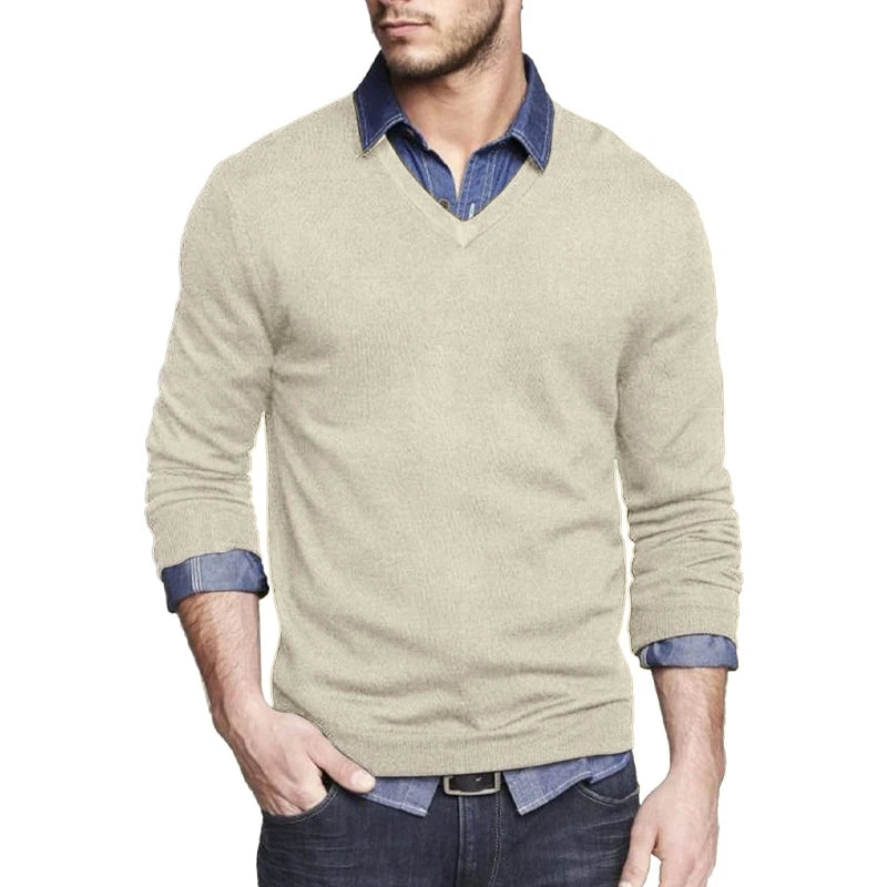 Men's Long Sleeve V Neck Pullover Sweater Slim Fit Knit Sweaters Lightweight Dress Casual Sweater Business Solid Color Outwear