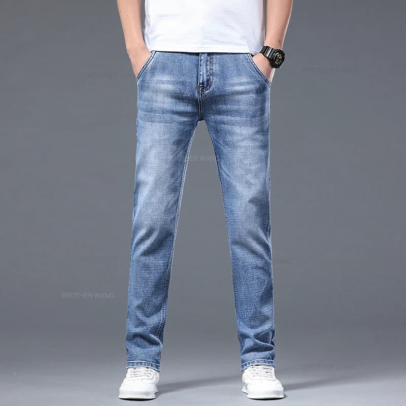 Classic Summer Men's Thin Stretch Fit Jeans Business Casual Slim Fit Denim Pants Soft Fabric High Quality Straight Leg Trousers