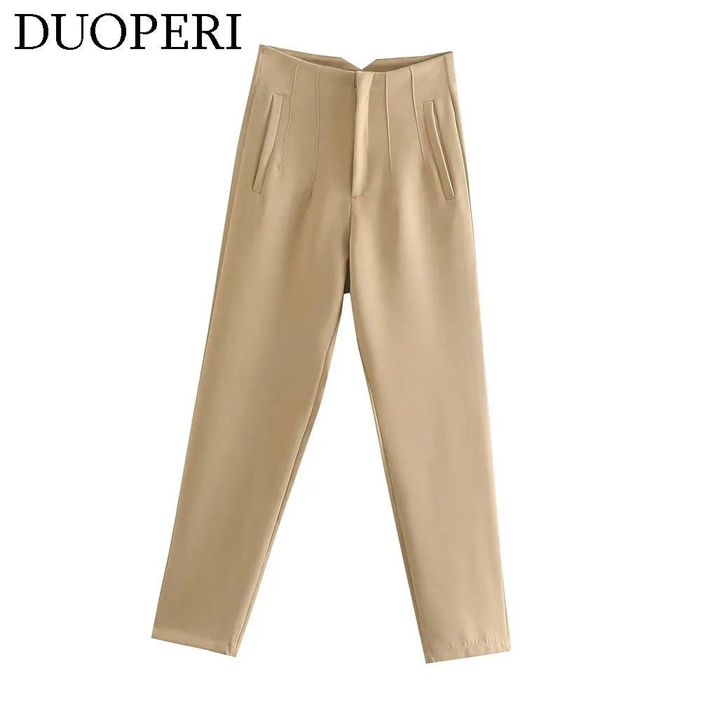 Duoperi Women High Waist Solid Trousers Chic Office Workwear Long Pants