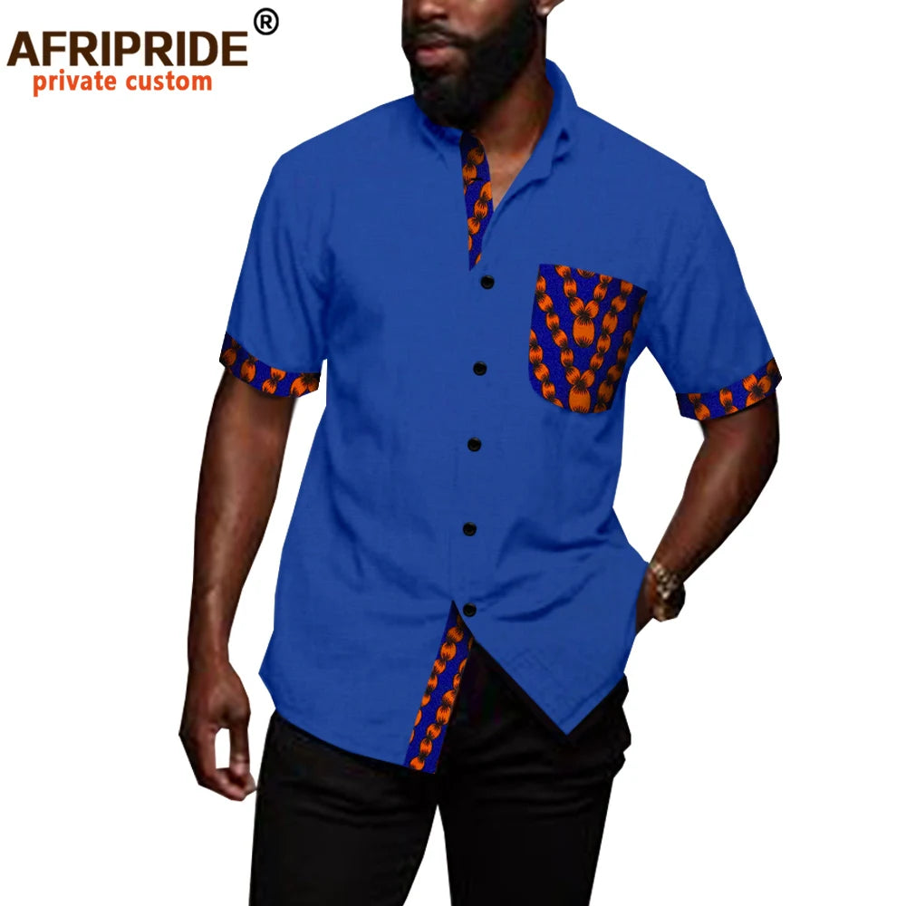 African Shirts for Men Denim Thin Shirt Short Sleeve Pockets Slim Slight Elastic Jeans Cowboy Shirt Clothing Crop Top A2012006