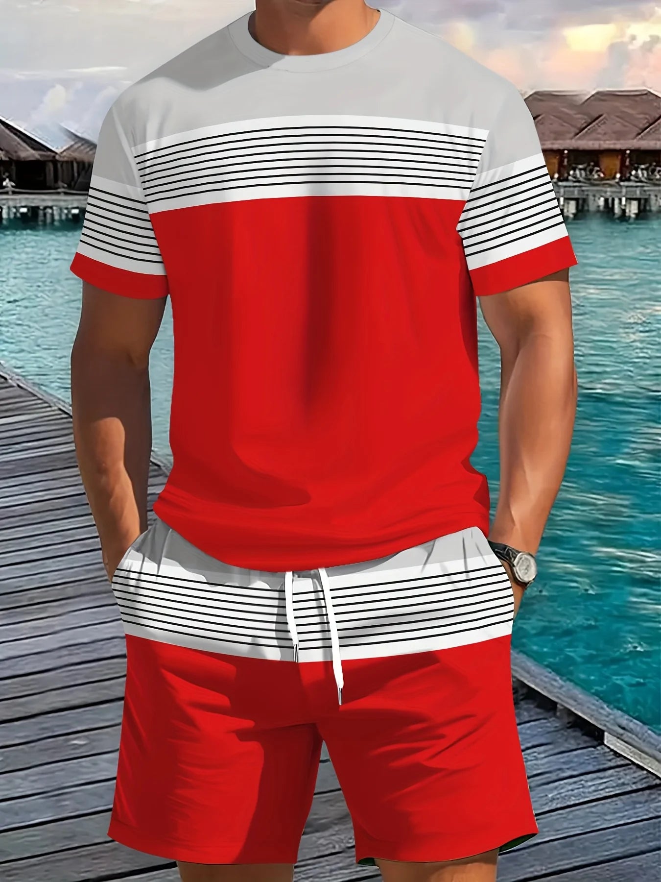 New Summer Men's Sportswear Striped Short-Sleeve T-Shirt Set Two-Piece Outdoor Travel Apparel Relaxed-Fit Shorts Training Wear