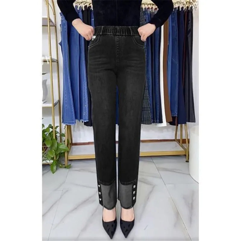 Plus Size Middle Aged Womens Jeans Elastic Waist High Waist Loose Denim Pants