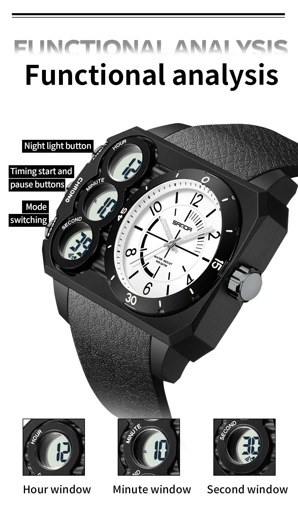 SANDA Men Watch Square Big Dial Waterproof Double Display Wristwatch Man Chronograph Digital Clock Men's Military Quartz Watches