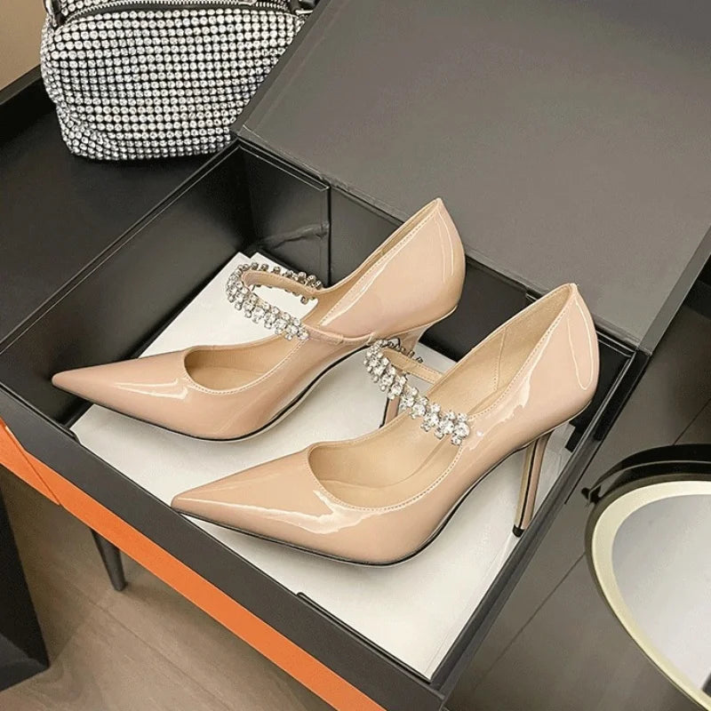 Spring 2025 New French Rhinestone Pointed White High Heels Temperament Patent Leather Shoes Women Wedding Pumps