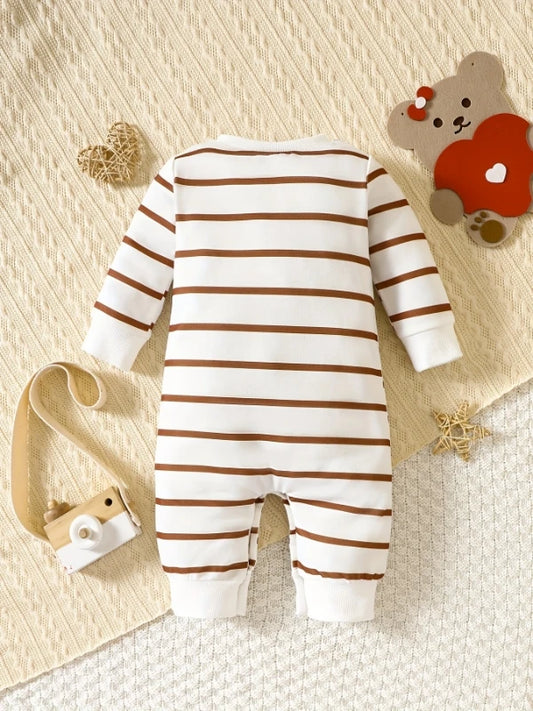 "Korean-Style Baby Romper | Brown & White Striped Onesie with Bear-Holding-Heart Embroidery - 'I Love Mom & Dad' Themed"