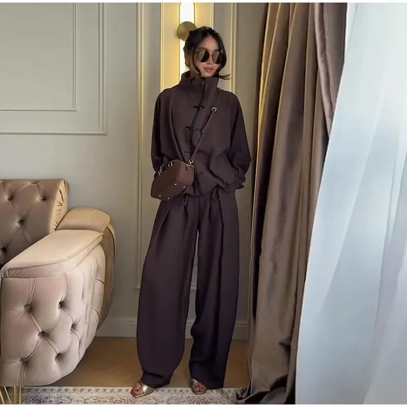 Casual Zipper Shirt Pants Suit Women Solid Button Stand Collar Drawstring Shirts Loose High Waist Trousers 2026 Spring Set Lady