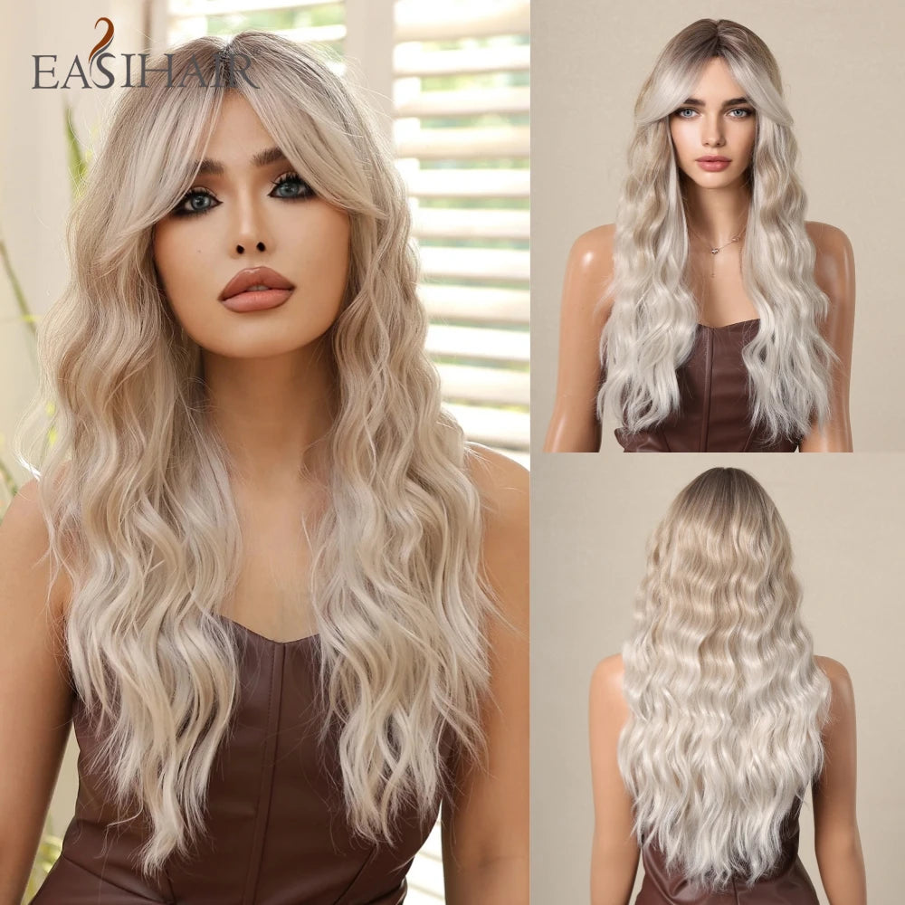 EASIHAIR Dark Brown Long Curly Synthetic Wig with Bangs Brown Women's Wigs for Cosplay Daily Use Heat Resistant Natural Hair