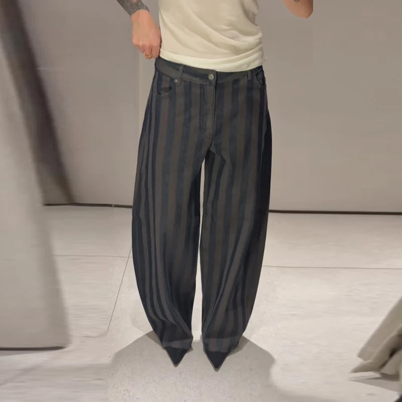 Women Stripe Pants Barrel Leg Pant High-Waist Trousers Loose Fit Woman Clothes Casual Bottom Daily Outfit Lady Clothing Outwear