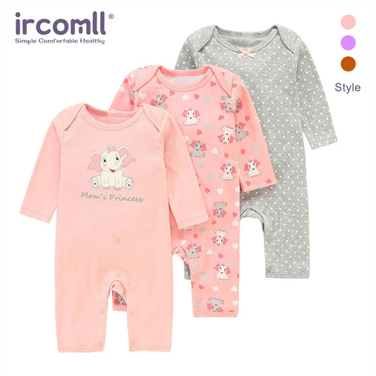 Ircomll Baby Boy Girl 3 Pack Rompers Long Sleeve Romper Cotton Coveralls Cartoon Stripe Polka Dot Comfortable Jumpsuits Clothes