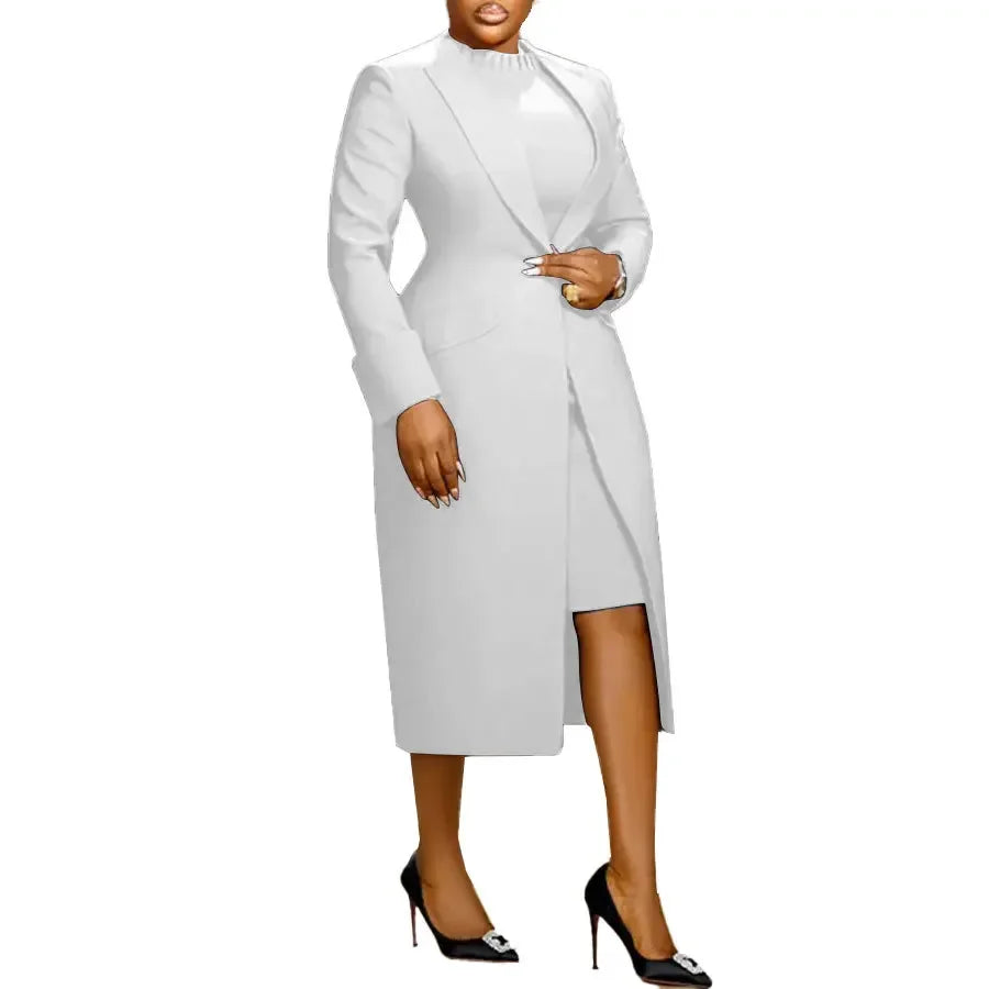 HLJ High Quality Elegant Office Lady Blazer Two Piece Sets Women Lapel Long Sleeve Coat And Slim Dress Outfit Female Clothing