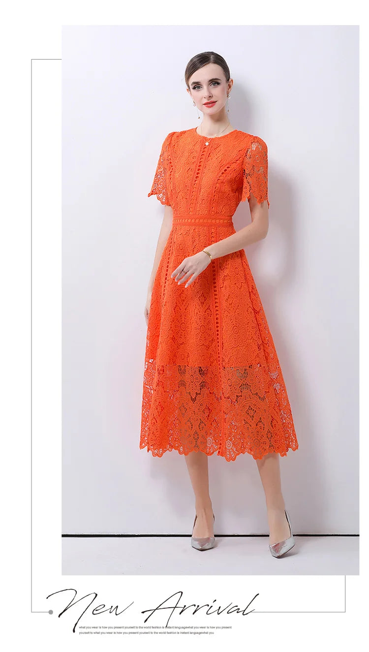 SMTHMA Vintage High-End O-Neck Short Sleeve Lace Hollow Out Dress For Women's Summer Slim Elegant Long Dress Female Clothing