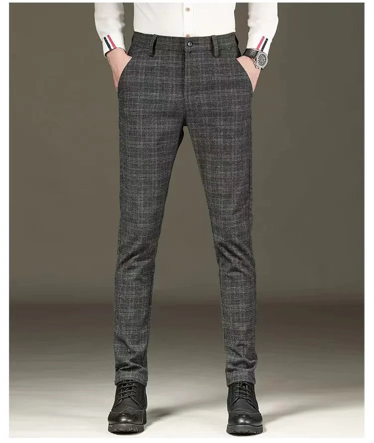 Fashion Black Grey Casual Trouses Mens Straight Fit Long Pants Striped Plaid Four Seasons High Quality Brand Business Trousers