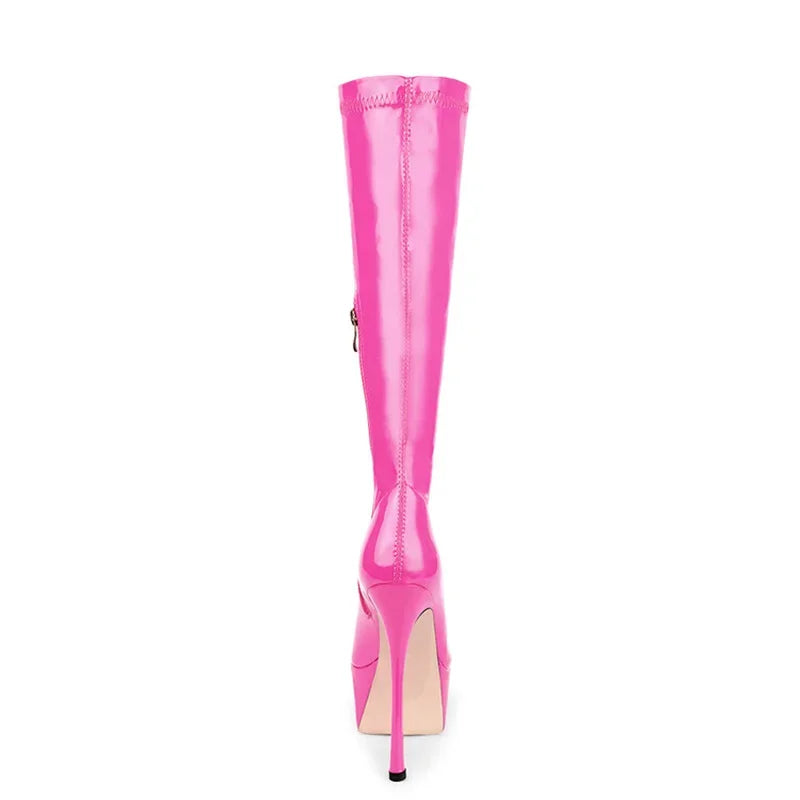 New Women Knee High Boots Patent Leather Pointed 15cm High Heels Winter Short Plush Waterproof Platform Girl Boots Large 34-45
