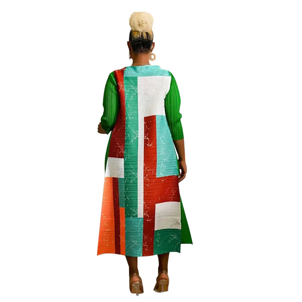 African Dresses for Women Summer Fashion Style African 3/4 Sleeve Polyester O-neck Pleated Dress Dashiki African Clothes Women