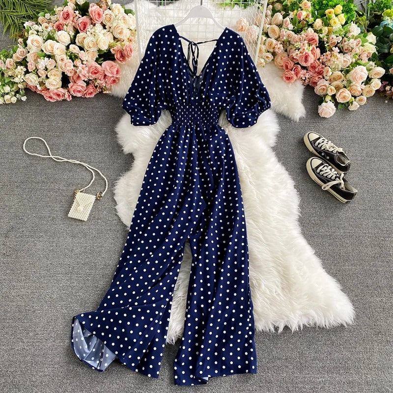 V Neck Sexy Dolman Sleeves Waist Slim Floral Print Jumpsuit Women Wide Leg Trousers Jumpsuit
