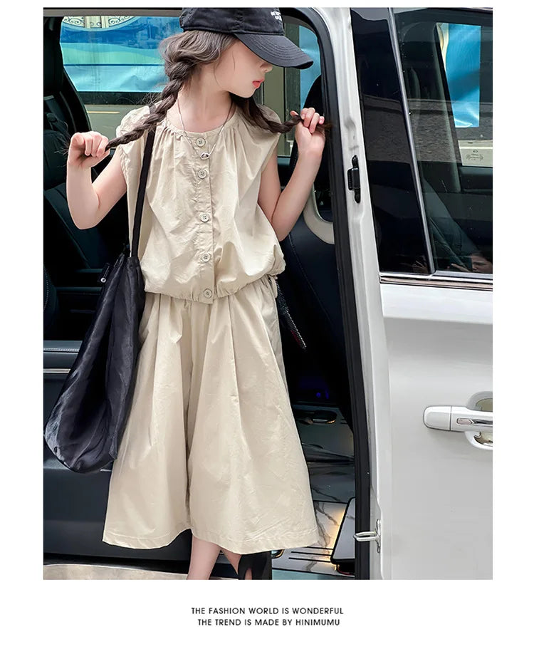 2025 Girls Summer Casual Outfit Big Kids Short Sleeve Top Capris Pants Two Piece Set Matching Big Kids Fashion Suit Holiday Wear
