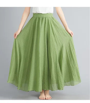 New 2020 Women Linen Cotton Long Elastic Waist Pleated Maxi Skirt Beach Vintage