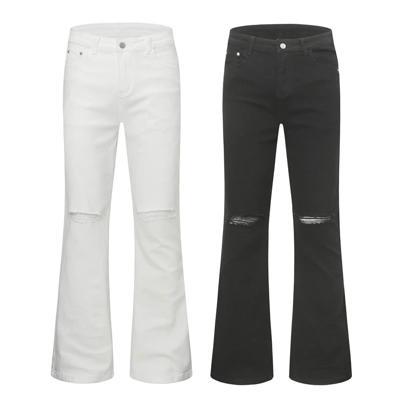 Urban Street Mens Slim Fit Flared Jeans White Black Distressed Jeans Overall Y2k Solid Color Washing Skinny Jeans Men Ripped
