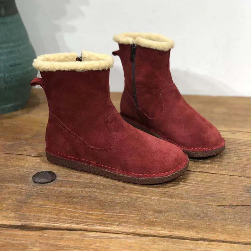 Careaymade-Genuine cow leather Snow cotton round head flats woolen short boots plush warm snow boots Oversized shoes size 35-43