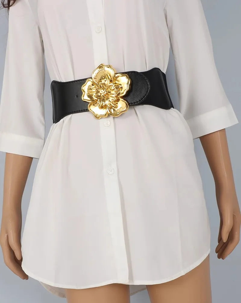 Women's Fashion Flower Buckle PU Leather Elastic  Corset Female Cummerbund Coat Waistband Dress Decration Wide Belt  J088 BAZAARHUBO