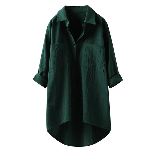 Casual Pure Color Linen Shirt For Women Long Sleeve With Double Pockets Spring And Autumn New Arrival