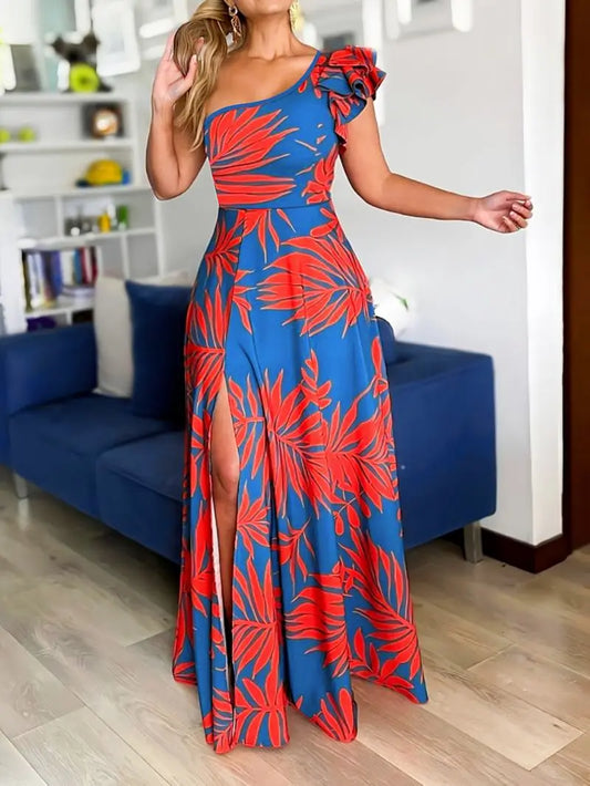 Summer Vacation Style One Shoulder Sexy Slit Long Dress Temperament Waist Cinching Slimming Daily Commuting Big Swing Long