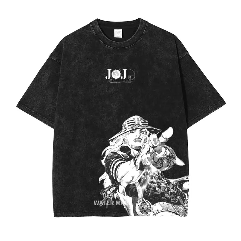 Anime JoJo's Bizarre Adventure Jonathan Joestar Gyro Print Tee Men Vintage Washed Tshirts Manga Cotton T-shirt Harajuku T Shirt