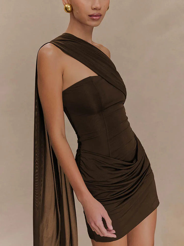 Mozision One Shoulder Backless Mini Dress Women Ruched Bodycon Club Dress