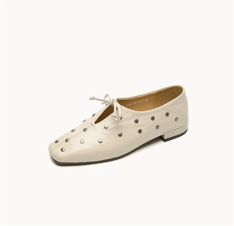 Dilalula 2025 Spring Genuine Leather Rivet Pumps Women Lace Up Low Thick Heels Soft Back Young Women Leather Leisure Pumps