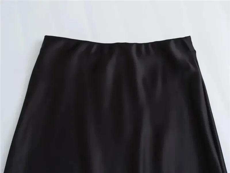 HXAO 2025 Skirts For Women Black Satin Skirt Summer Elegant Women's Midi Skirts High Waist Smooth Skirts Green Flare Skirt 088