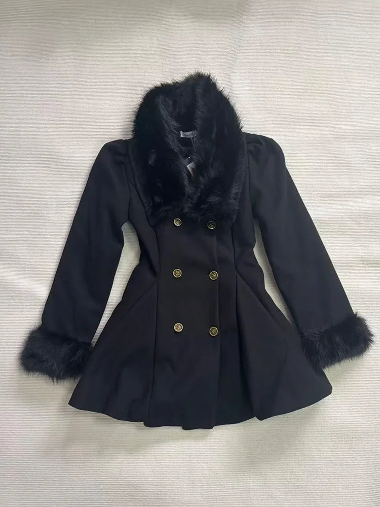 Winter Hepburn Black Fur Collar Woolen Coat French Style Vintage Blends Slim Mid-length Outwear Elegant Lolita Warm Outfits 2025