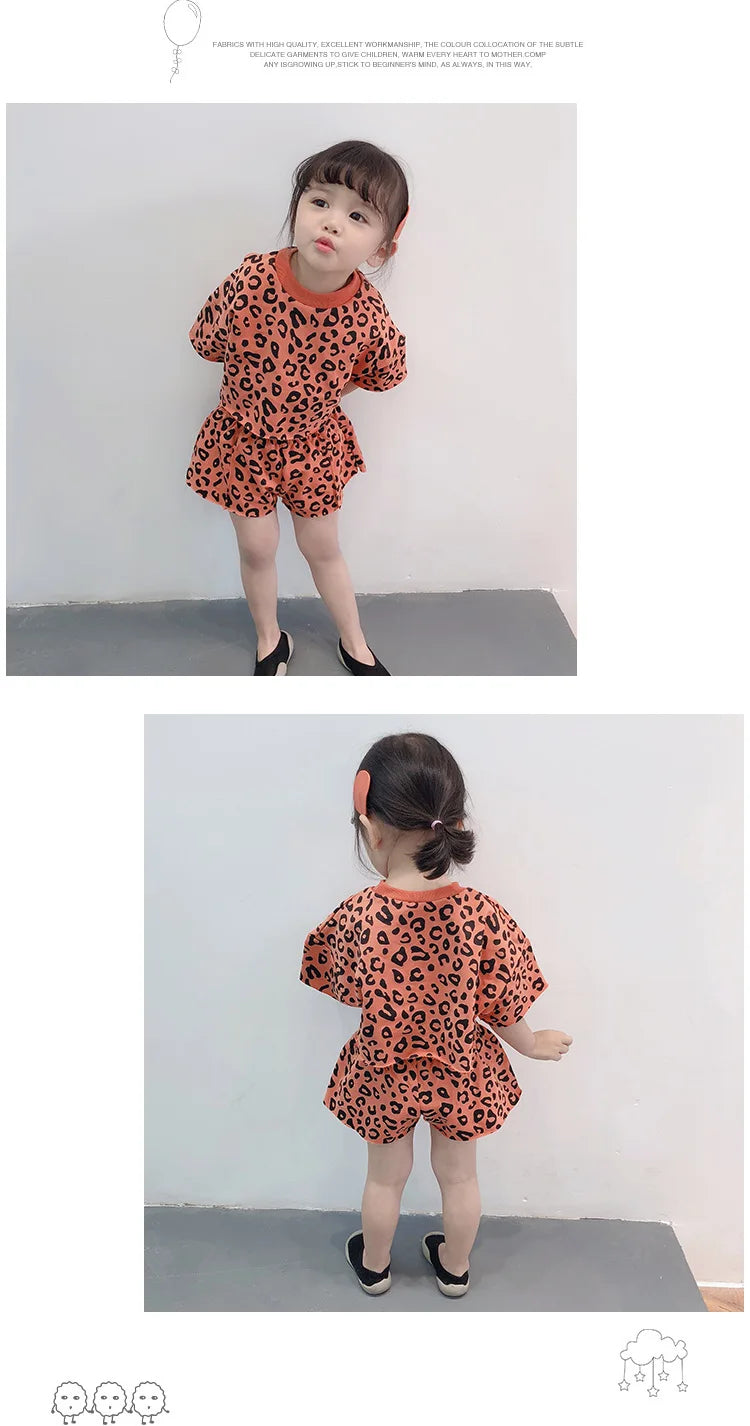 Fashion Baby Girls Sets Casual Summer Clothes Mother Kids Leopard Print Suit Cotton Short Sleeve T-shirt Pants Children's Set