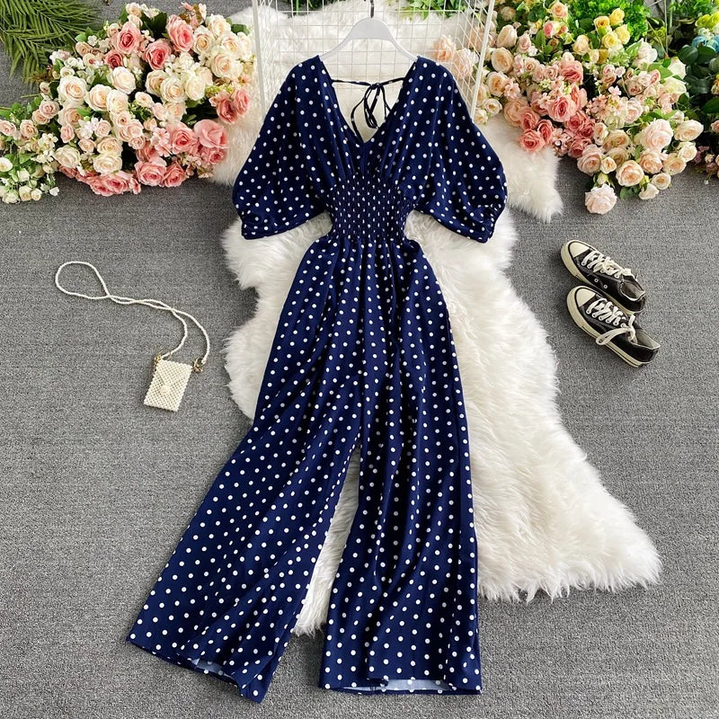 V Neck Sexy Dolman Sleeves Waist Slim Floral Print Jumpsuit Women Wide Leg Trousers Jumpsuit