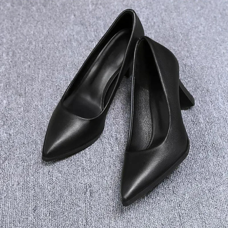 Black Women's Pumps 6-8cm Heel Soft PU Leather Non-slip Single Shoe Professional Interview High Heels Mid Heeled Work Shoes